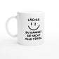 Weiße Keramiktasse 325 ml mit Aufdruck "Lächle. Du kannst sie nicht alle töten" – Schreibtischtasse von Vollzeitfrust, Ansicht von links