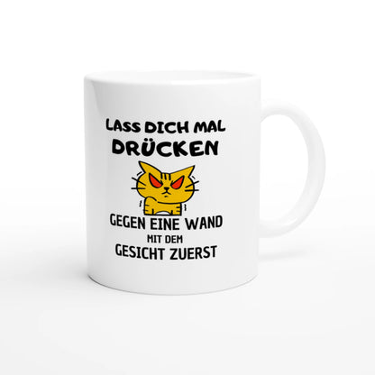 Weiße Keramiktasse 325 ml mit Aufdruck "Lass dich mal drücken. Gegen eine Wand" – Schreibtischtasse von Vollzeitfrust, Ansicht von rechts