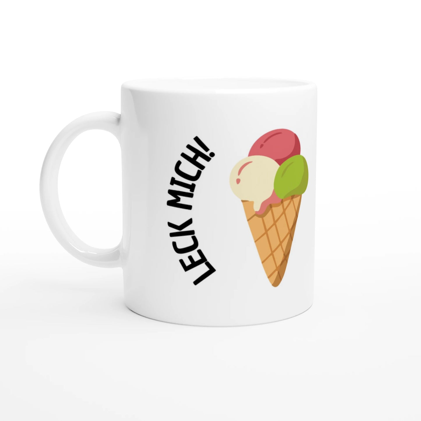 Weiße Keramiktasse 325 ml mit Aufdruck "Leck mich!" – Schreibtischtasse von Vollzeitfrust, Ansicht von links