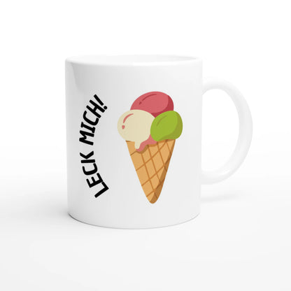 Weiße Keramiktasse 325 ml mit Aufdruck "Leck mich!" – Schreibtischtasse von Vollzeitfrust, Ansicht von rechts