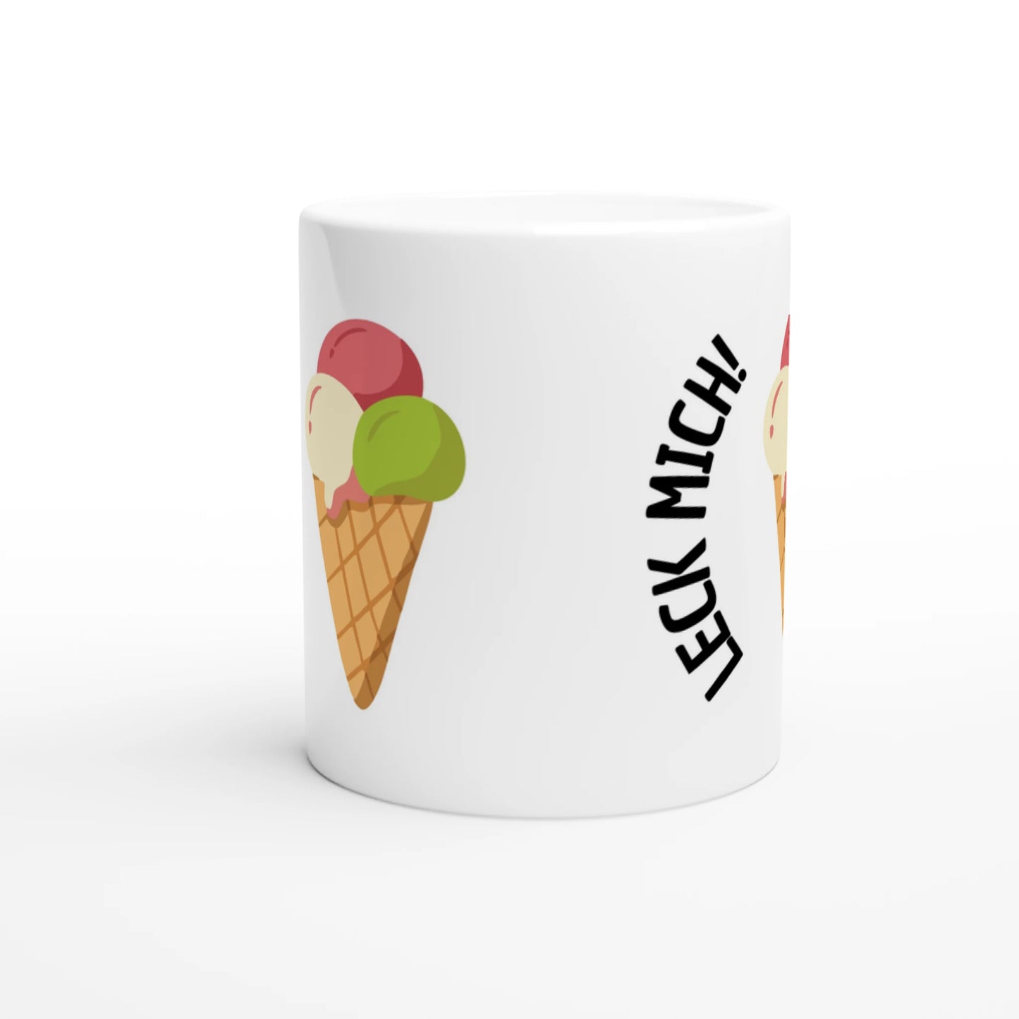 Weiße Keramiktasse mit Aufdruck "Leck mich!" – Rundumsicht der Bürotasse von Vollzeitfrust