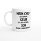 Weiße Keramiktasse 325 ml mit Aufdruck "Mein Chef ist gemein. Gelb ist der Schein. Ich bleibe lieber daheim" – Schreibtischtasse von Vollzeitfrust, Ansicht von links