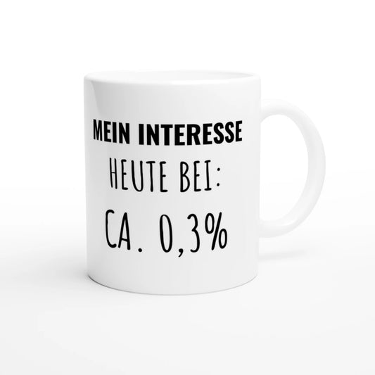 Weiße Keramiktasse 325 ml mit Aufdruck "Mein Interesse heute bei: ca" – Schreibtischtasse von Vollzeitfrust, Ansicht von rechts
