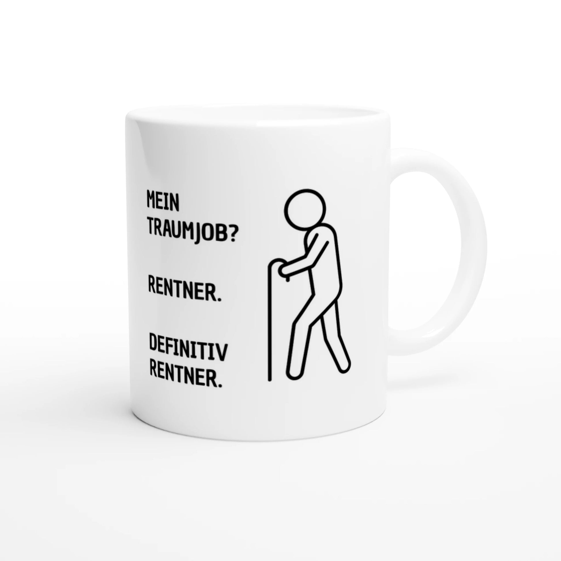 Weiße Keramiktasse 325 ml mit Aufdruck "Mein Traumjob? Rentner. Definitiv Rentner" – Schreibtischtasse von Vollzeitfrust, Ansicht von rechts
