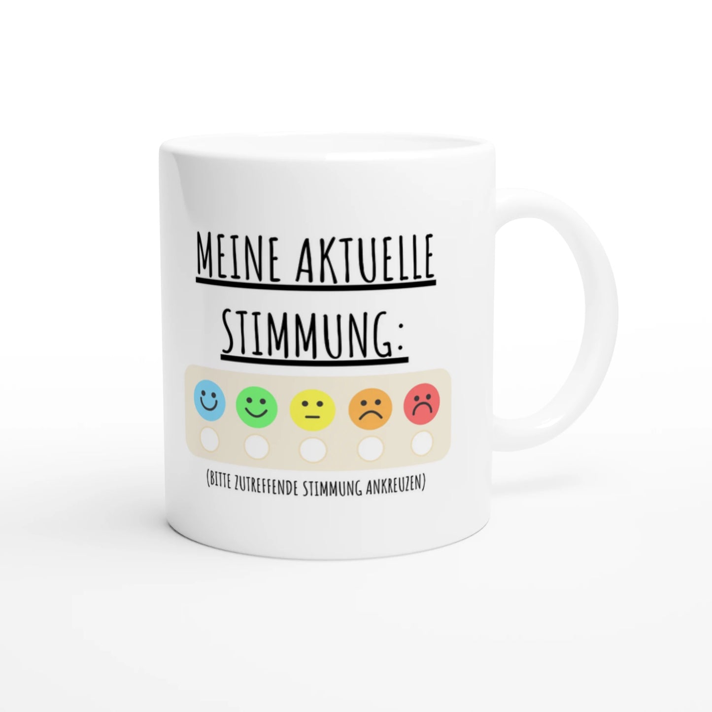 Weiße Keramiktasse 325 ml mit Aufdruck "Meine aktuelle Stimmung" – Schreibtischtasse von Vollzeitfrust, Ansicht von rechts
