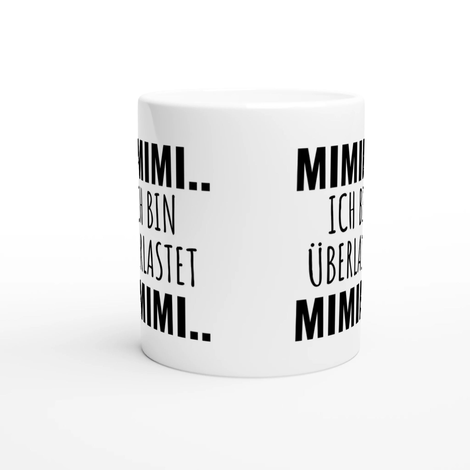Weiße Keramiktasse mit Aufdruck "Mimimi" – Rundumsicht der Bürotasse von Vollzeitfrust
