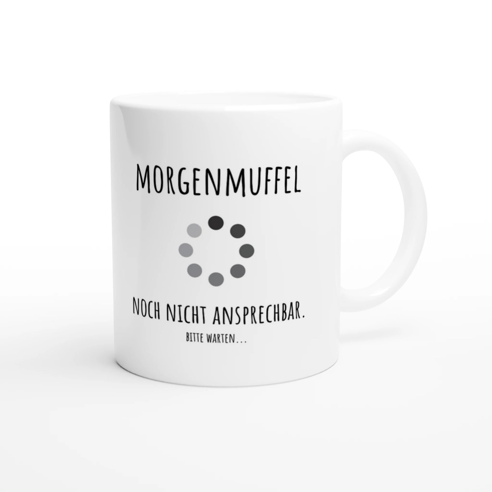 Weiße Keramiktasse 325 ml mit Aufdruck "Morgenmuffel. Noch nicht ansprechbar. Bitte warten" – Schreibtischtasse von Vollzeitfrust, Ansicht von rechts
