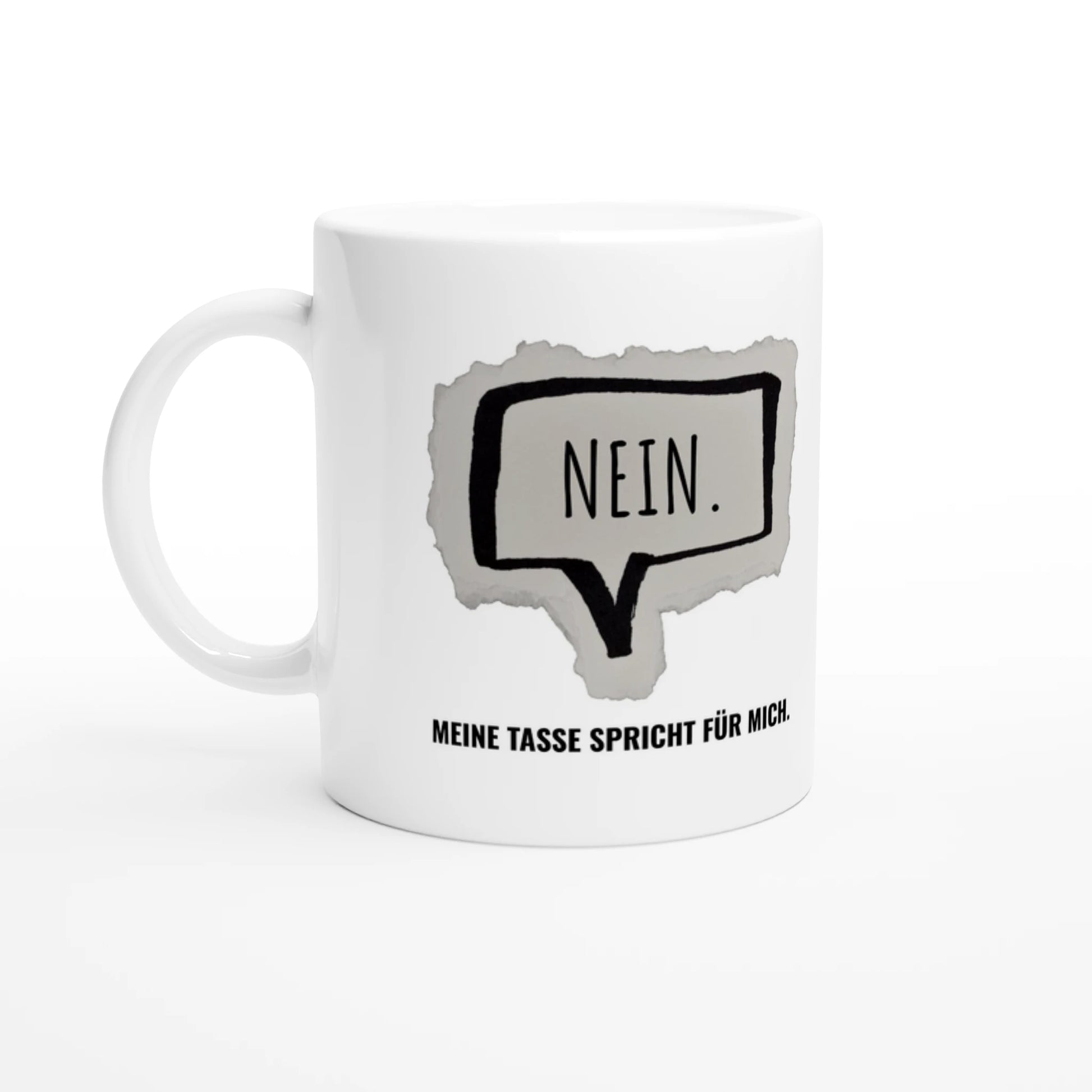 Weiße Keramiktasse 325 ml mit Aufdruck "Nein" – Schreibtischtasse von Vollzeitfrust, Ansicht von links
