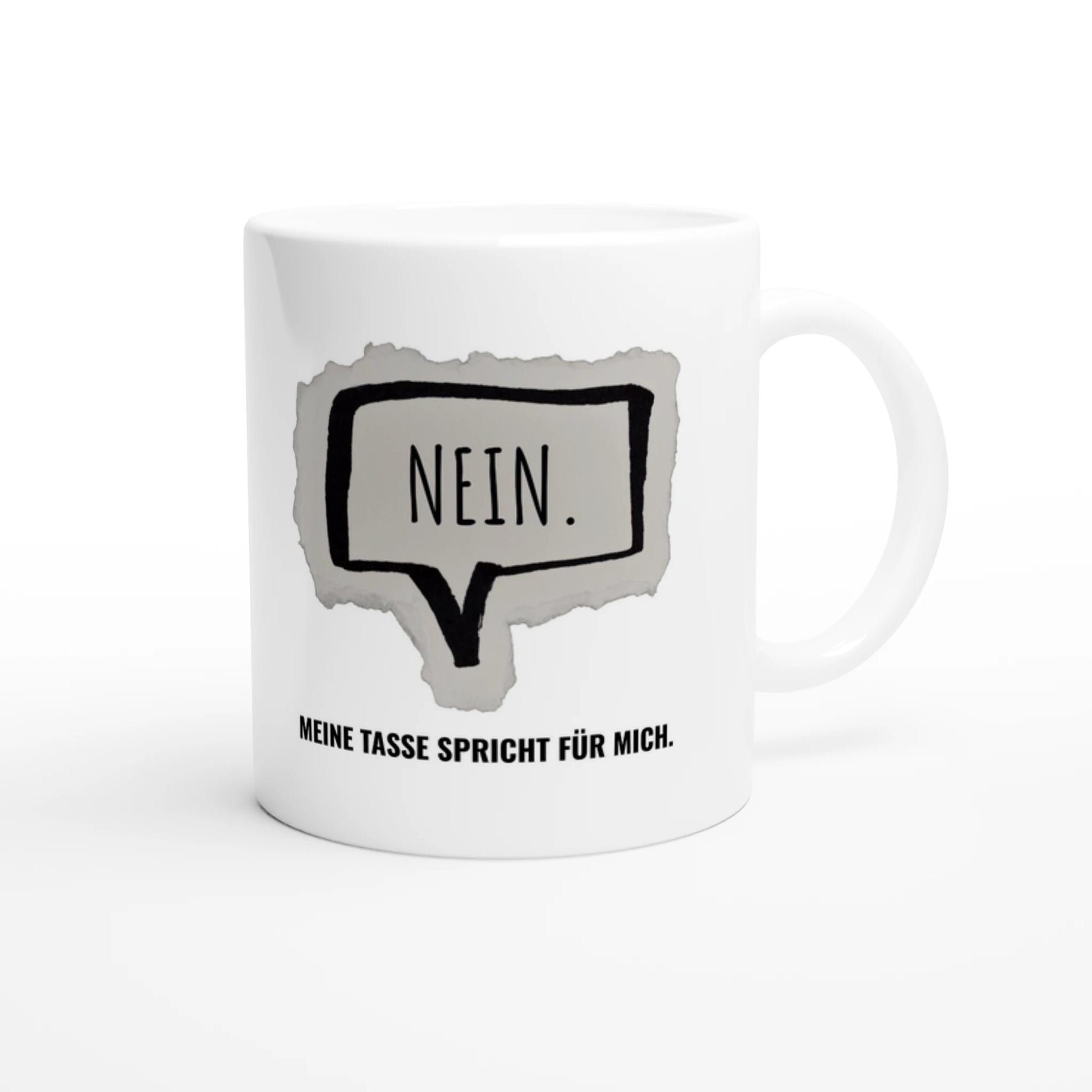 Weiße Keramiktasse 325 ml mit Aufdruck "Nein" – Schreibtischtasse von Vollzeitfrust, Ansicht von rechts
