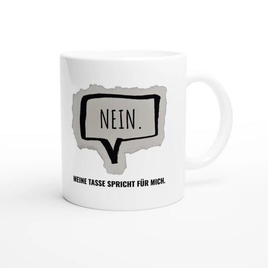 Weiße Keramiktasse 325 ml mit Aufdruck "Nein" – Schreibtischtasse von Vollzeitfrust, Ansicht von rechts
