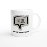 Weiße Keramiktasse 325 ml mit Aufdruck "Nein" – Schreibtischtasse von Vollzeitfrust, Ansicht von rechts
