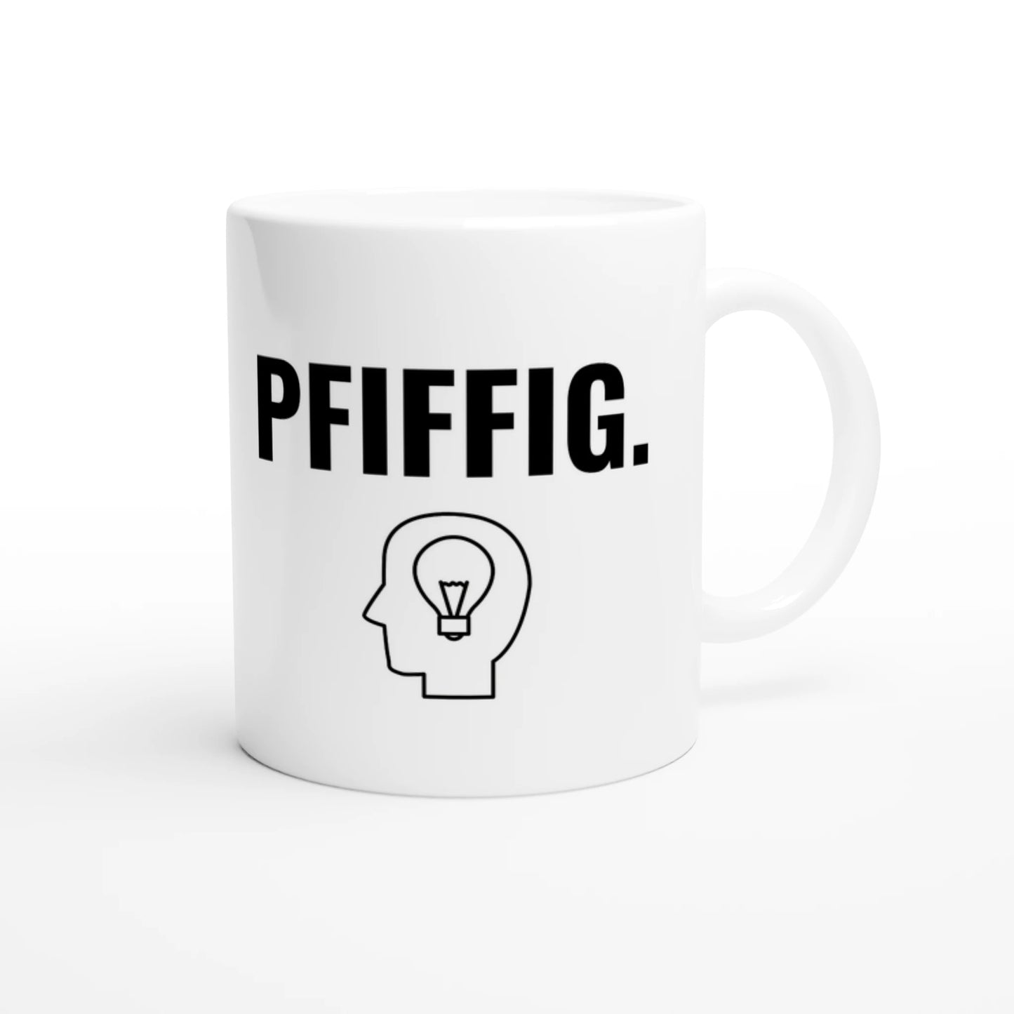 Weiße Keramiktasse 325 ml mit Aufdruck "Pfiffig" – Schreibtischtasse von Vollzeitfrust, Ansicht von rechts
