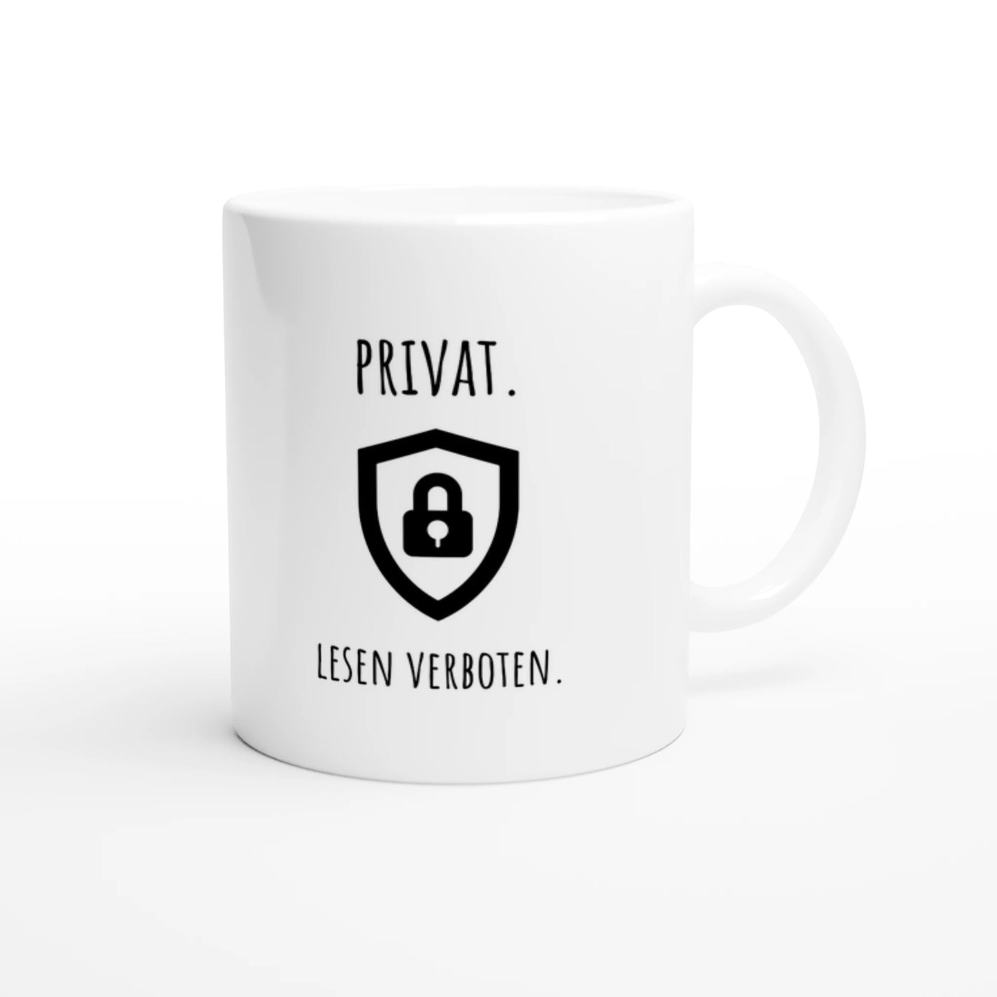 Weiße Keramiktasse 325 ml mit Aufdruck "Privat. Lesen verboten" – Schreibtischtasse von Vollzeitfrust, Ansicht von rechts