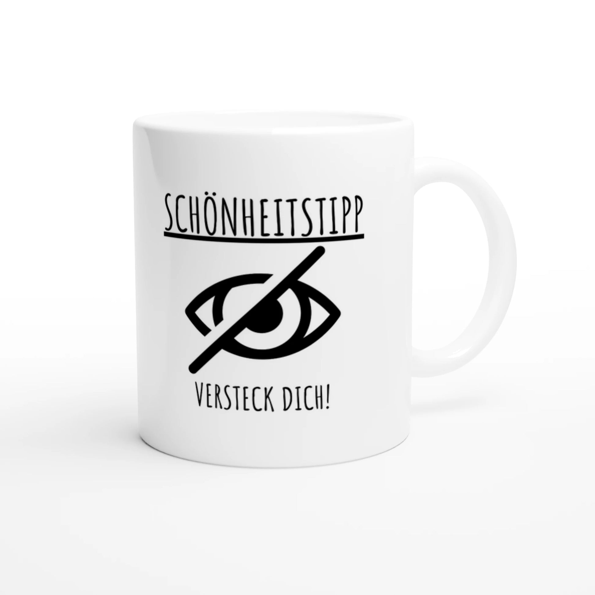 Weiße Keramiktasse 325 ml mit Aufdruck "Schönheitstipp: Versteck dich!" – Schreibtischtasse von Vollzeitfrust, Ansicht von rechts