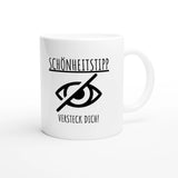 Weiße Keramiktasse 325 ml mit Aufdruck "Schönheitstipp: Versteck dich!" – Schreibtischtasse von Vollzeitfrust, Ansicht von rechts
