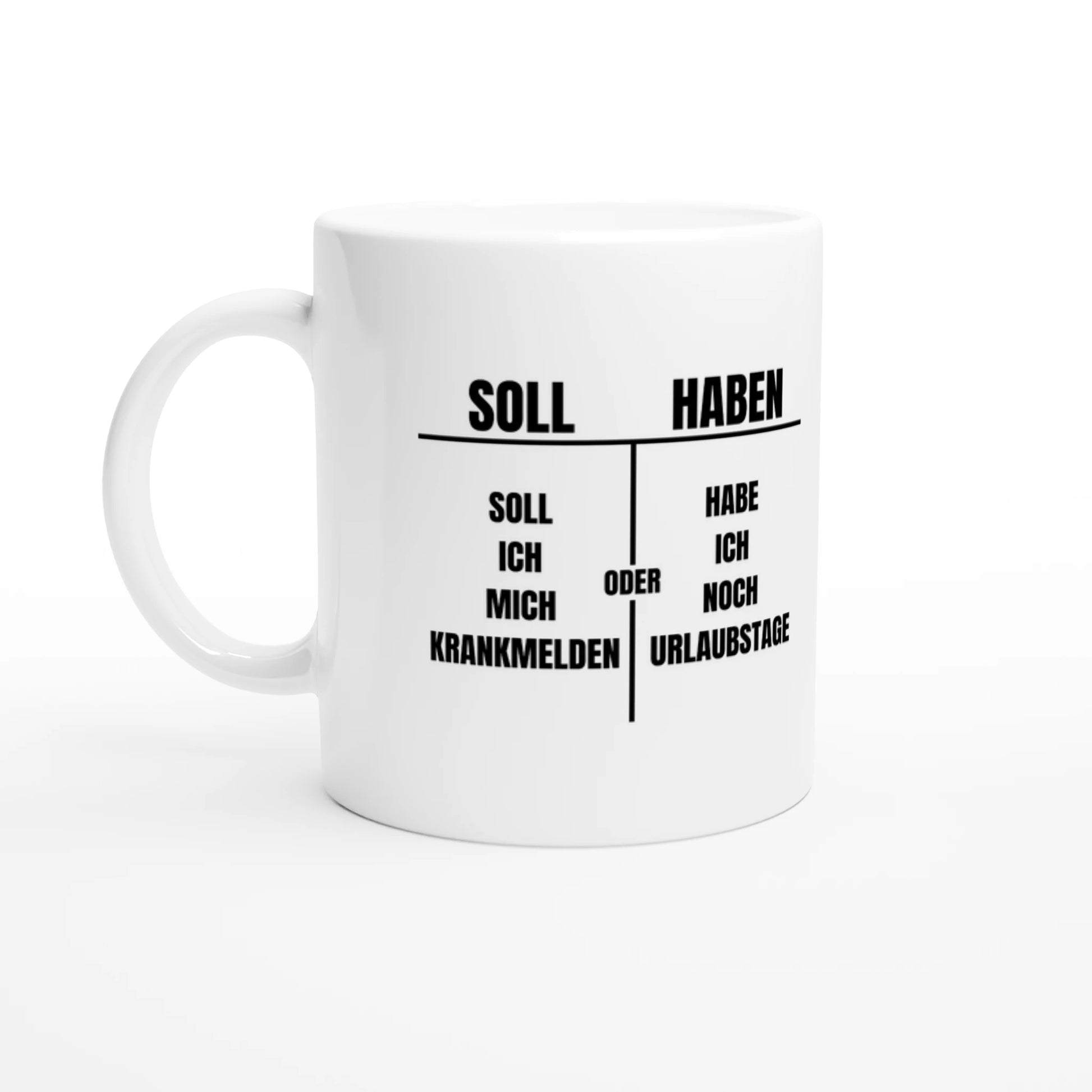 Weiße Keramiktasse 325 ml mit Aufdruck "Soll ich mich krankmelden oder Urlaubstage nehmen?" – Schreibtischtasse von Vollzeitfrust, Ansicht von links