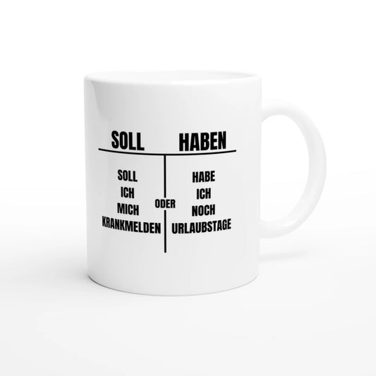 Weiße Keramiktasse 325 ml mit Aufdruck "Soll ich mich krankmelden oder Urlaubstage nehmen?" – Schreibtischtasse von Vollzeitfrust, Ansicht von rechts