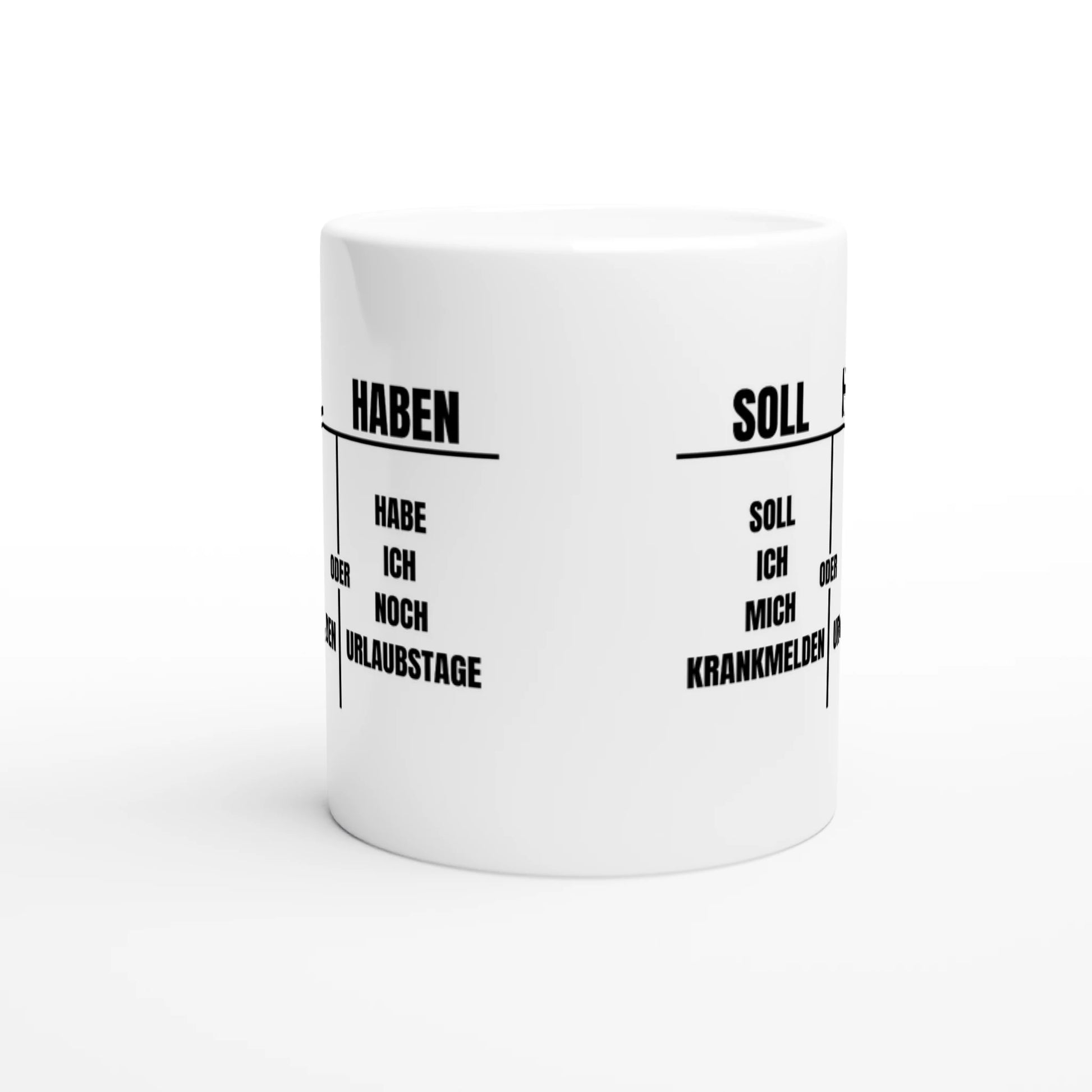 Weiße Keramiktasse mit Aufdruck "Soll ich mich krankmelden oder Urlaubstage nehmen?" – Rundumsicht der Bürotasse von Vollzeitfrust