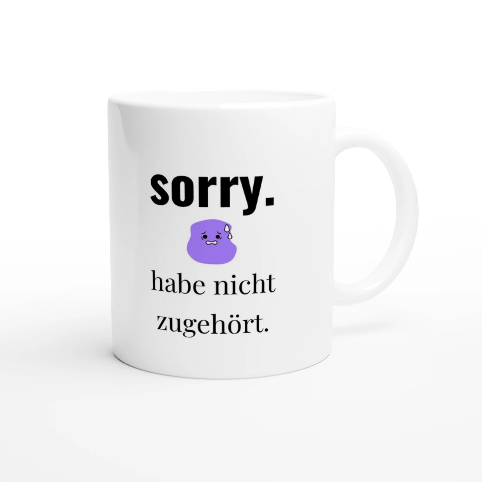 Weiße Keramiktasse 325 ml mit Aufdruck "sorry" – Schreibtischtasse von Vollzeitfrust, Ansicht von rechts
