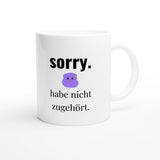 Weiße Keramiktasse 325 ml mit Aufdruck "sorry" – Schreibtischtasse von Vollzeitfrust, Ansicht von rechts
