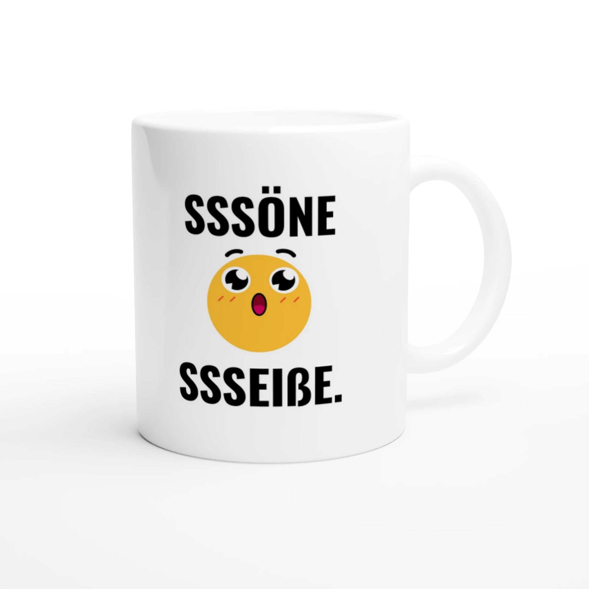 Weiße Keramiktasse 325 ml mit Aufdruck "SSSöne SSSeiße" – Schreibtischtasse von Vollzeitfrust, Ansicht von rechts
