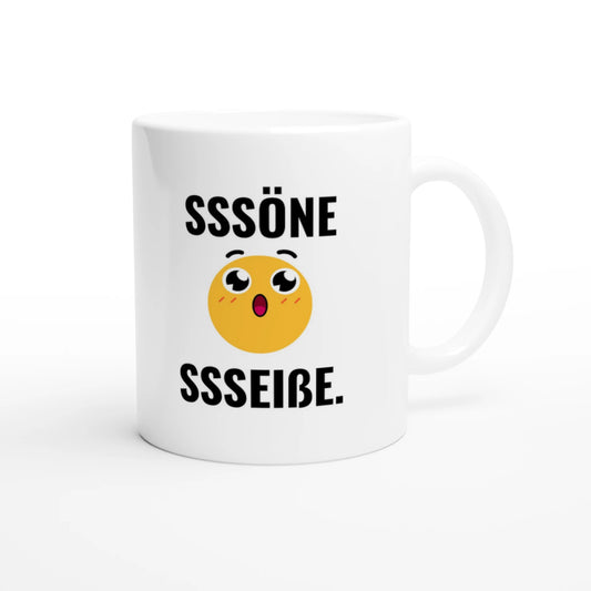 Weiße Keramiktasse 325 ml mit Aufdruck "SSSöne SSSeiße" – Schreibtischtasse von Vollzeitfrust, Ansicht von rechts
