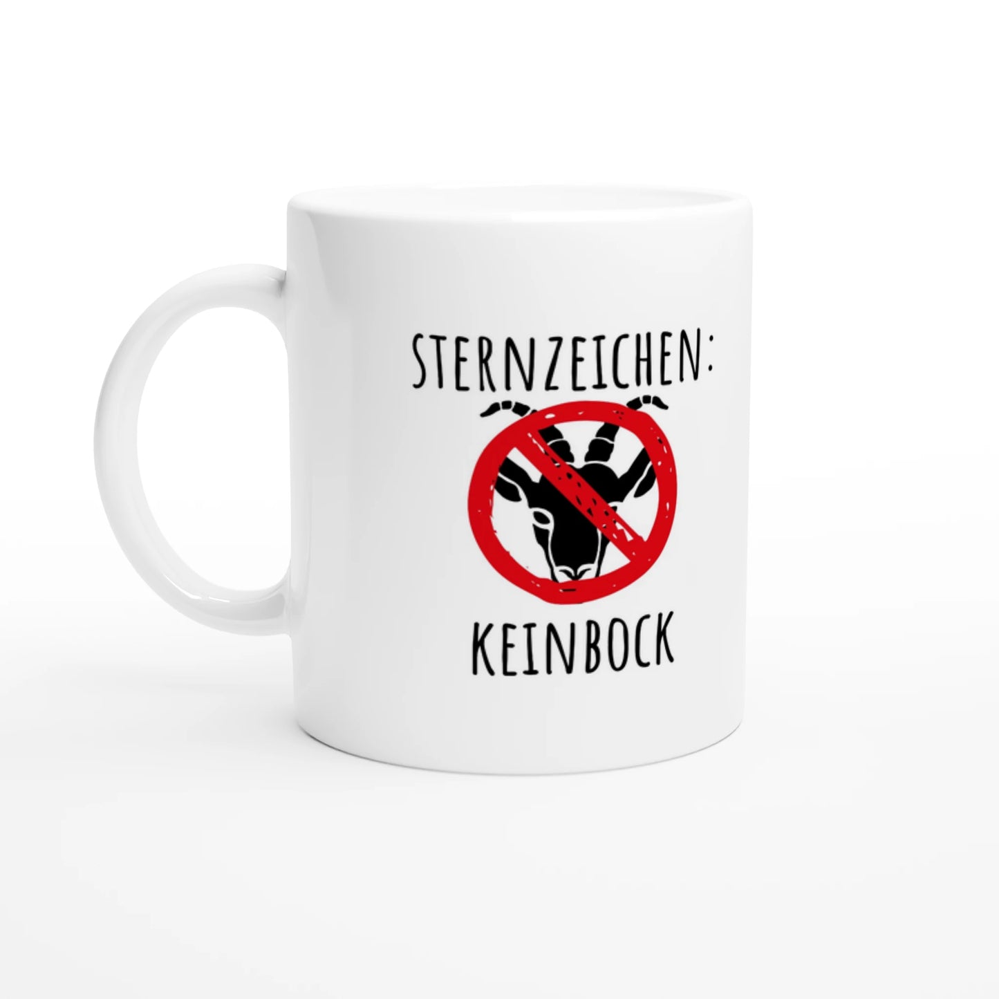Weiße Keramiktasse 325 ml mit Aufdruck "Sternzeichen: Keinbock" – Schreibtischtasse von Vollzeitfrust, Ansicht von links