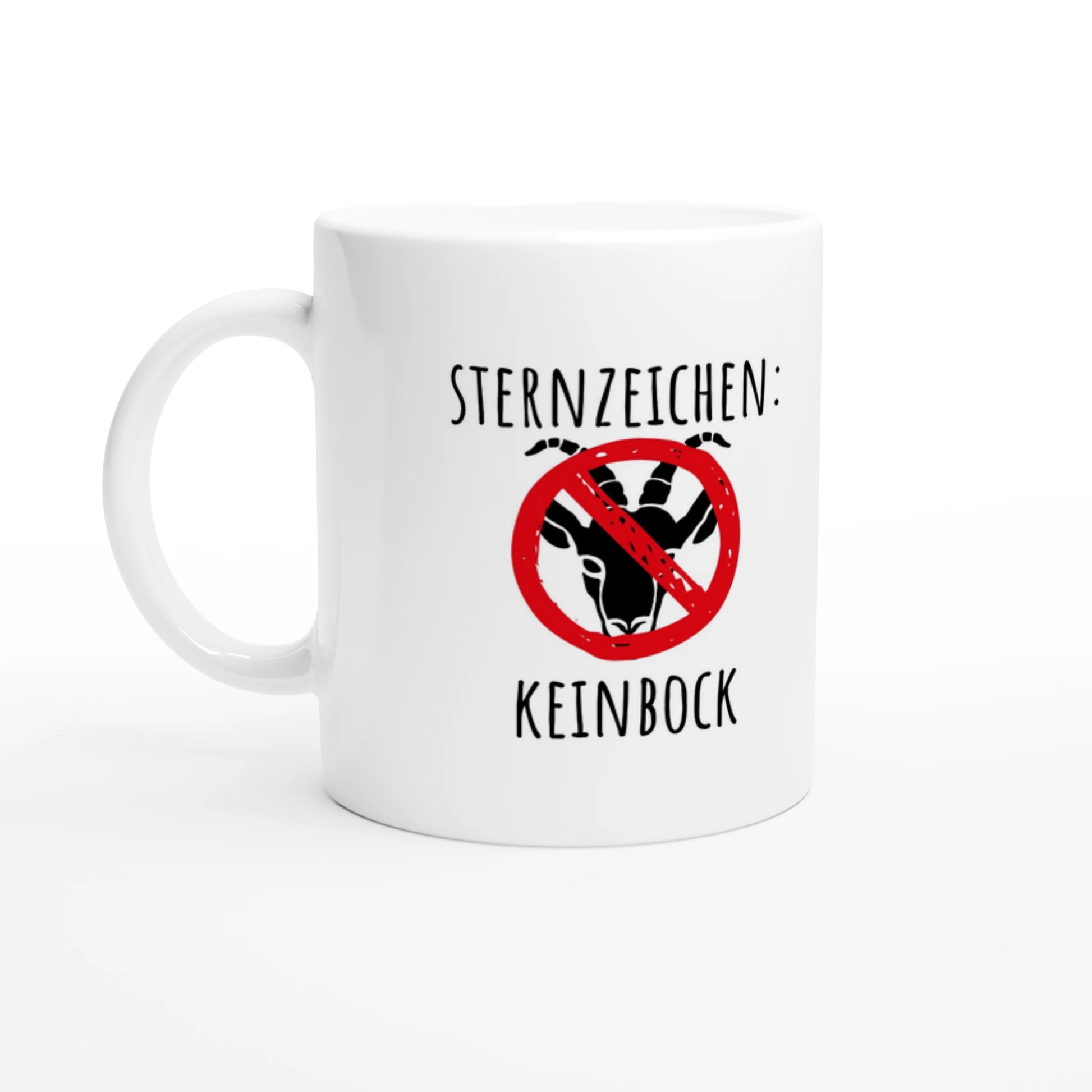 Weiße Keramiktasse 325 ml mit Aufdruck "Sternzeichen: Keinbock" – Schreibtischtasse von Vollzeitfrust, Ansicht von links