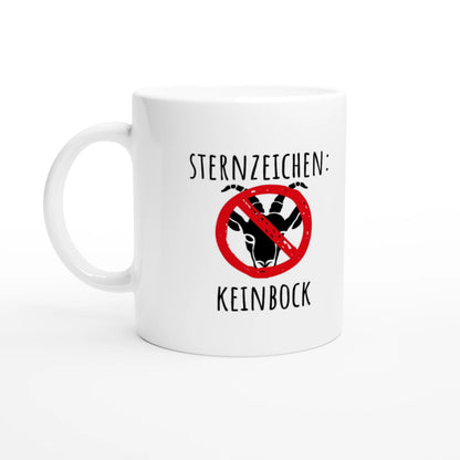 Weiße Keramiktasse 325 ml mit Aufdruck "Sternzeichen: Keinbock" – Schreibtischtasse von Vollzeitfrust, Ansicht von links