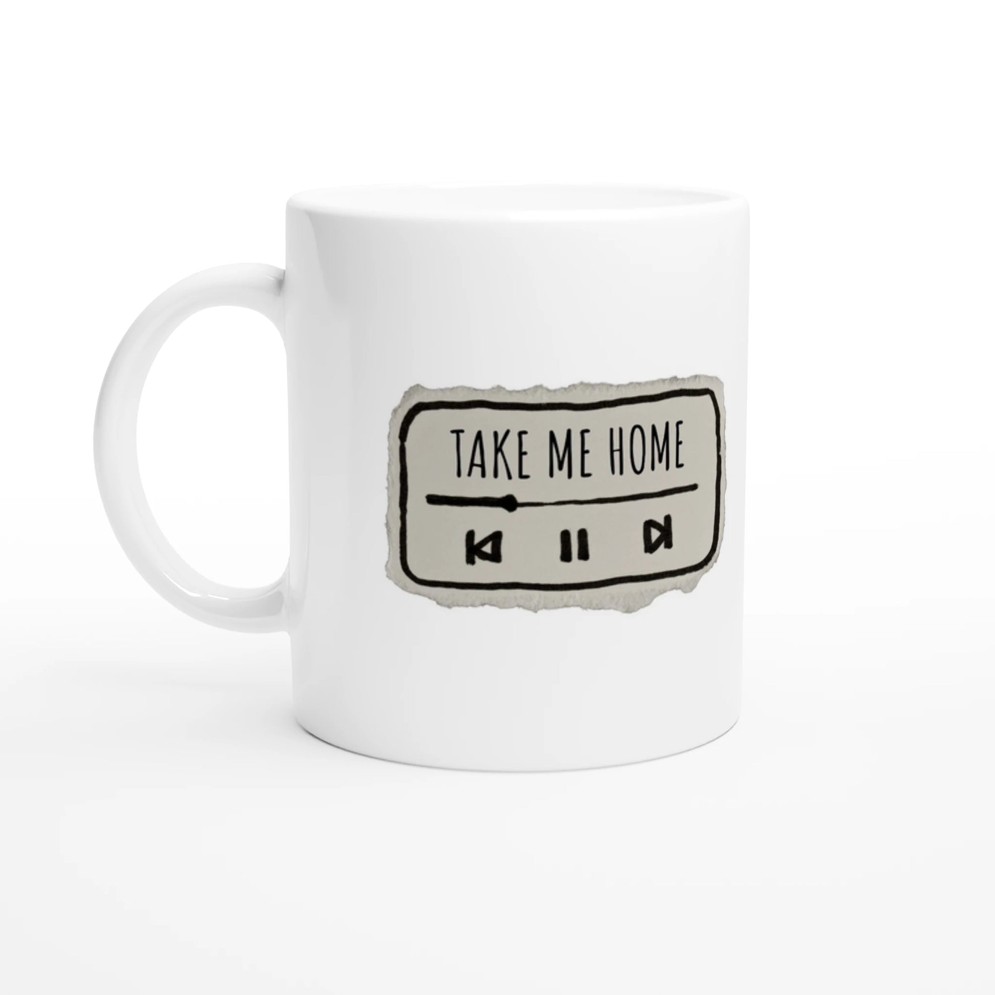 Weiße Keramiktasse 325 ml mit Aufdruck "Take Me Home" – Schreibtischtasse von Vollzeitfrust, Ansicht von links
