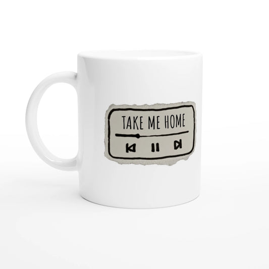 Weiße Keramiktasse 325 ml mit Aufdruck "Take Me Home" – Schreibtischtasse von Vollzeitfrust, Ansicht von links

