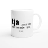 Weiße Keramiktasse 325 ml mit Aufdruck "Tja" – Schreibtischtasse von Vollzeitfrust, Ansicht von rechts
