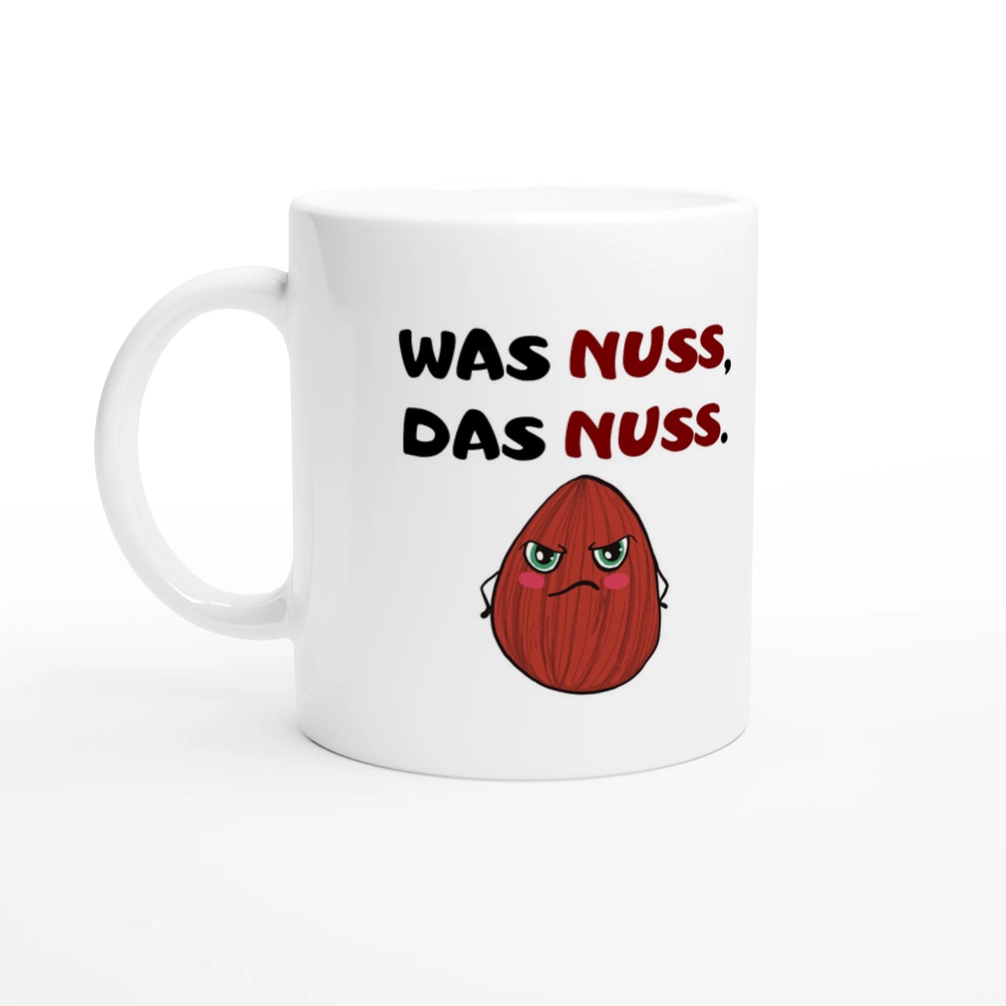Weiße Keramiktasse 325 ml mit Aufdruck "Was Nuss, das Nuss" – Schreibtischtasse von Vollzeitfrust, Ansicht von links