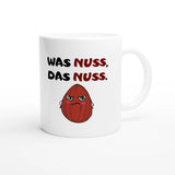 Weiße Keramiktasse 325 ml mit Aufdruck "Was Nuss, das Nuss" – Schreibtischtasse von Vollzeitfrust, Ansicht von rechts
