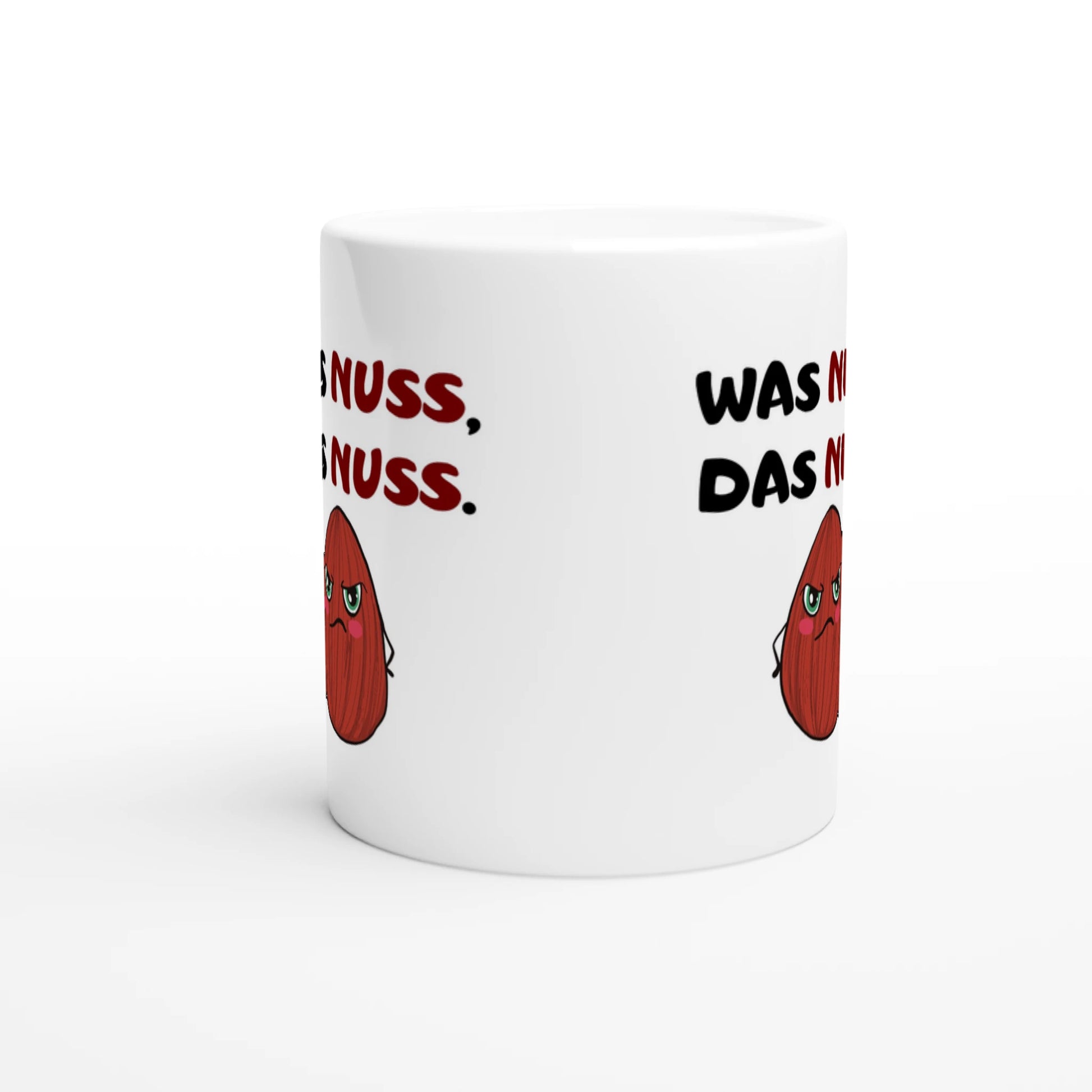Weiße Keramiktasse mit Aufdruck "Was Nuss, das Nuss" – Rundumsicht der Bürotasse von Vollzeitfrust