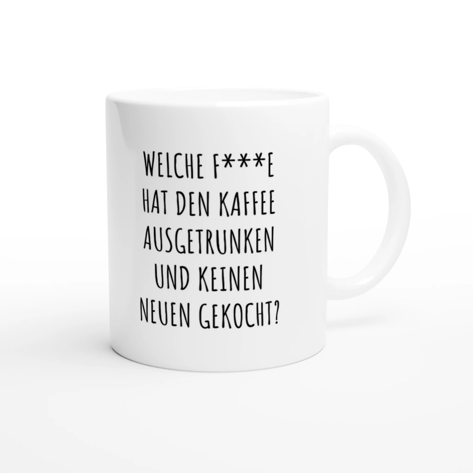 Weiße Keramiktasse 325 ml mit Aufdruck "Welche F***e hat den Kaffee ausgetrunken?" – Schreibtischtasse von Vollzeitfrust, Ansicht von rechts
