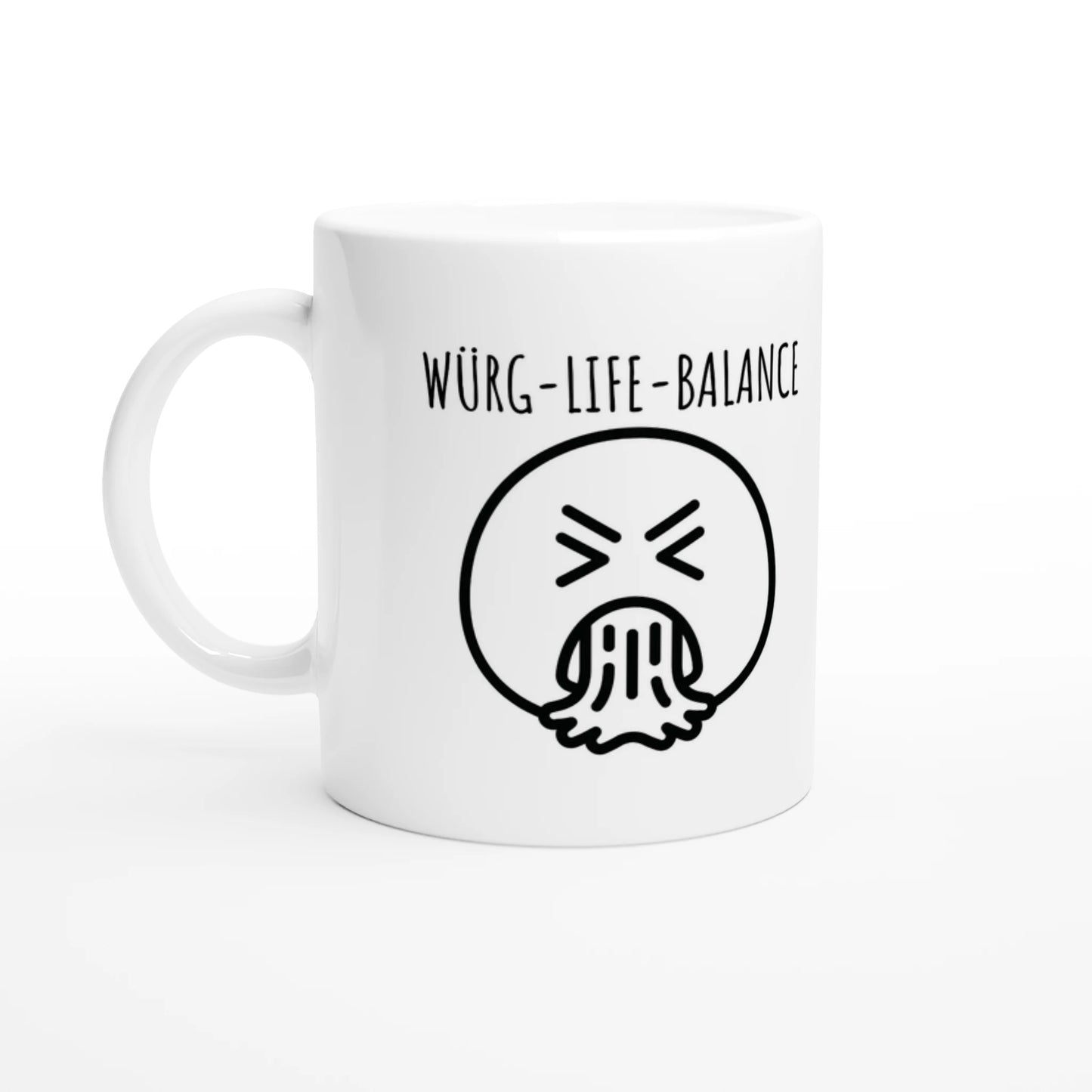 Weiße Keramiktasse 325 ml mit Aufdruck "Würg-Life-Balance" – Schreibtischtasse von Vollzeitfrust, Ansicht von links
