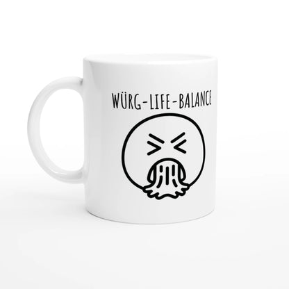 Weiße Keramiktasse 325 ml mit Aufdruck "Würg-Life-Balance" – Schreibtischtasse von Vollzeitfrust, Ansicht von links
