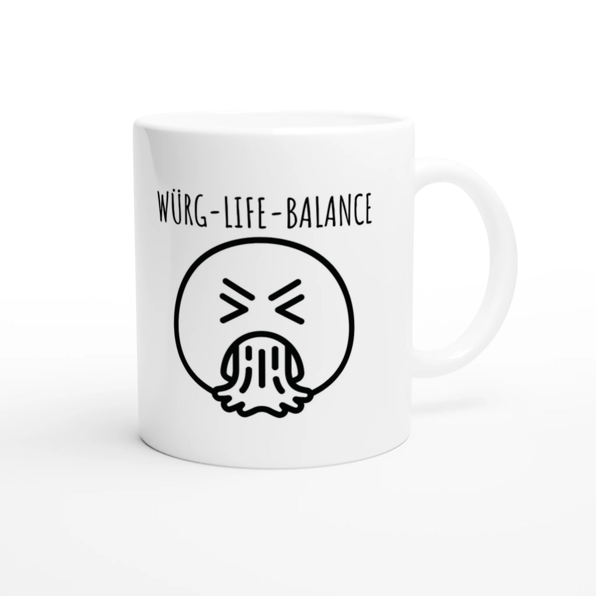 Weiße Keramiktasse 325 ml mit Aufdruck "Würg-Life-Balance" – Schreibtischtasse von Vollzeitfrust, Ansicht von rechts

