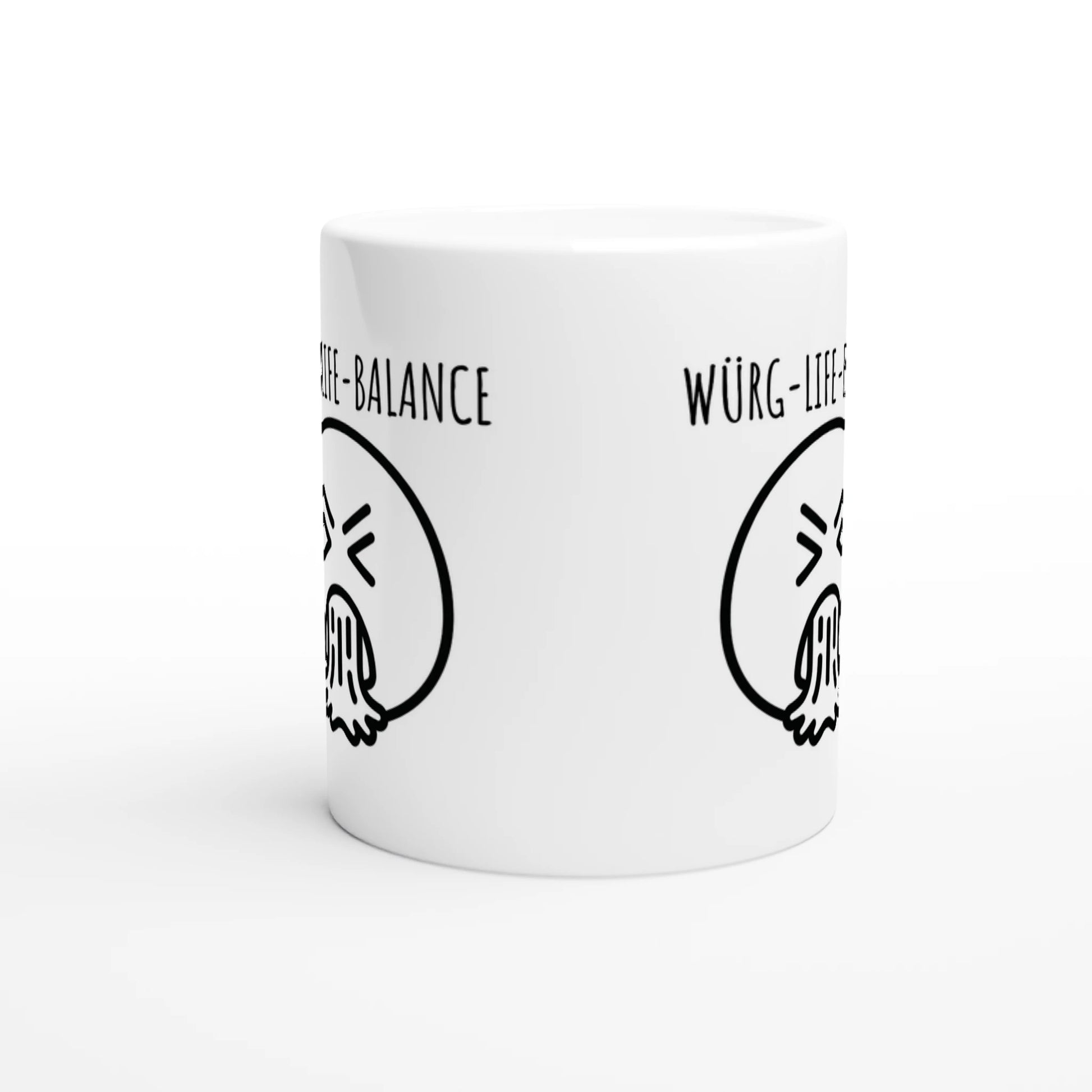 Weiße Keramiktasse mit Aufdruck "Würg-Life-Balance" – Rundumsicht der Bürotasse von Vollzeitfrust
