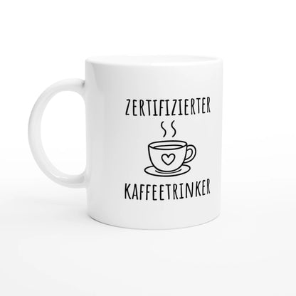 Weiße Keramiktasse 325 ml mit Aufdruck "Zertifizierter Kaffeetrinker" – Schreibtischtasse von Vollzeitfrust, Ansicht von links