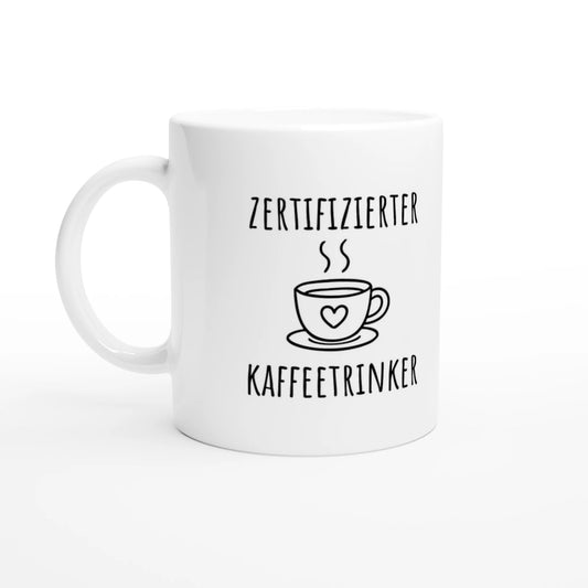 Weiße Keramiktasse 325 ml mit Aufdruck "Zertifizierter Kaffeetrinker" – Schreibtischtasse von Vollzeitfrust, Ansicht von links