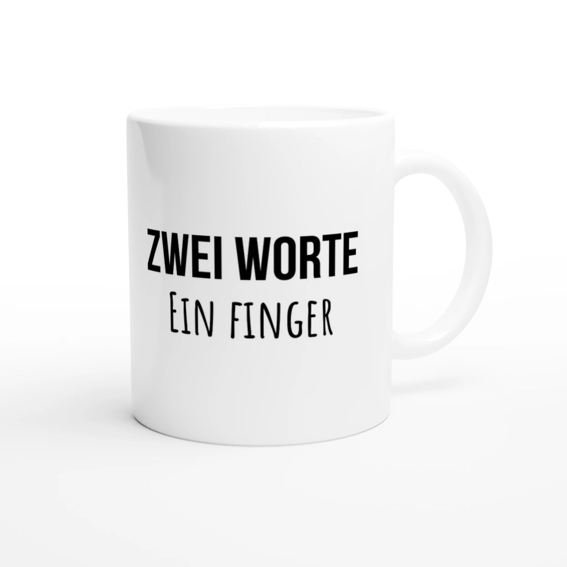 Weiße Keramiktasse 325 ml mit Aufdruck "Zwei Worte" – Schreibtischtasse von Vollzeitfrust, Ansicht von rechts
