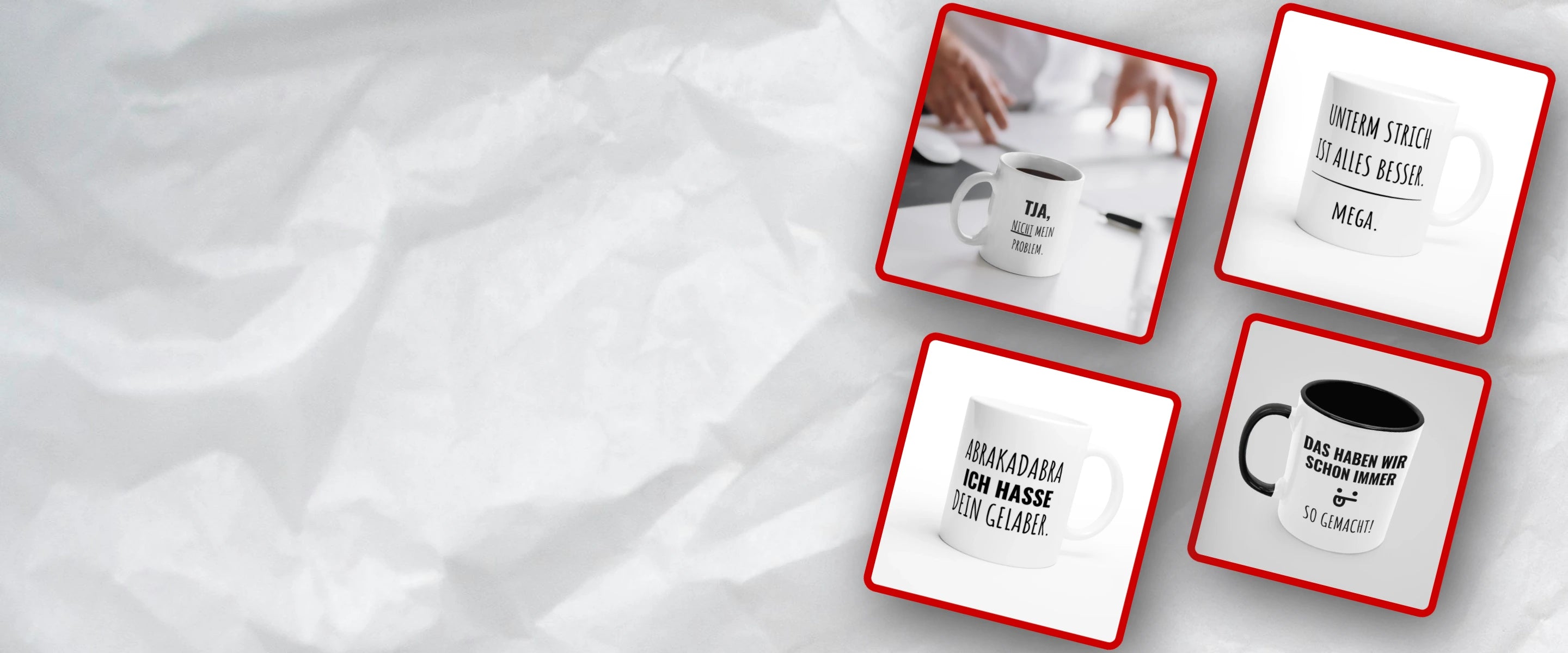 Vollzeitfrust Tassen-Kollektion für den Büroalltag – vier weiße Kaffeebecher mit Sprüchen: „Tja, nicht mein Problem.", „Unterm Strich ist alles besser. Mega.", „Abrakadabra ich hasse dein Gelaber." und „Das haben wir schon immer so gemacht!" – lustige Büro-Tassen als Geschenk für Kollegen.