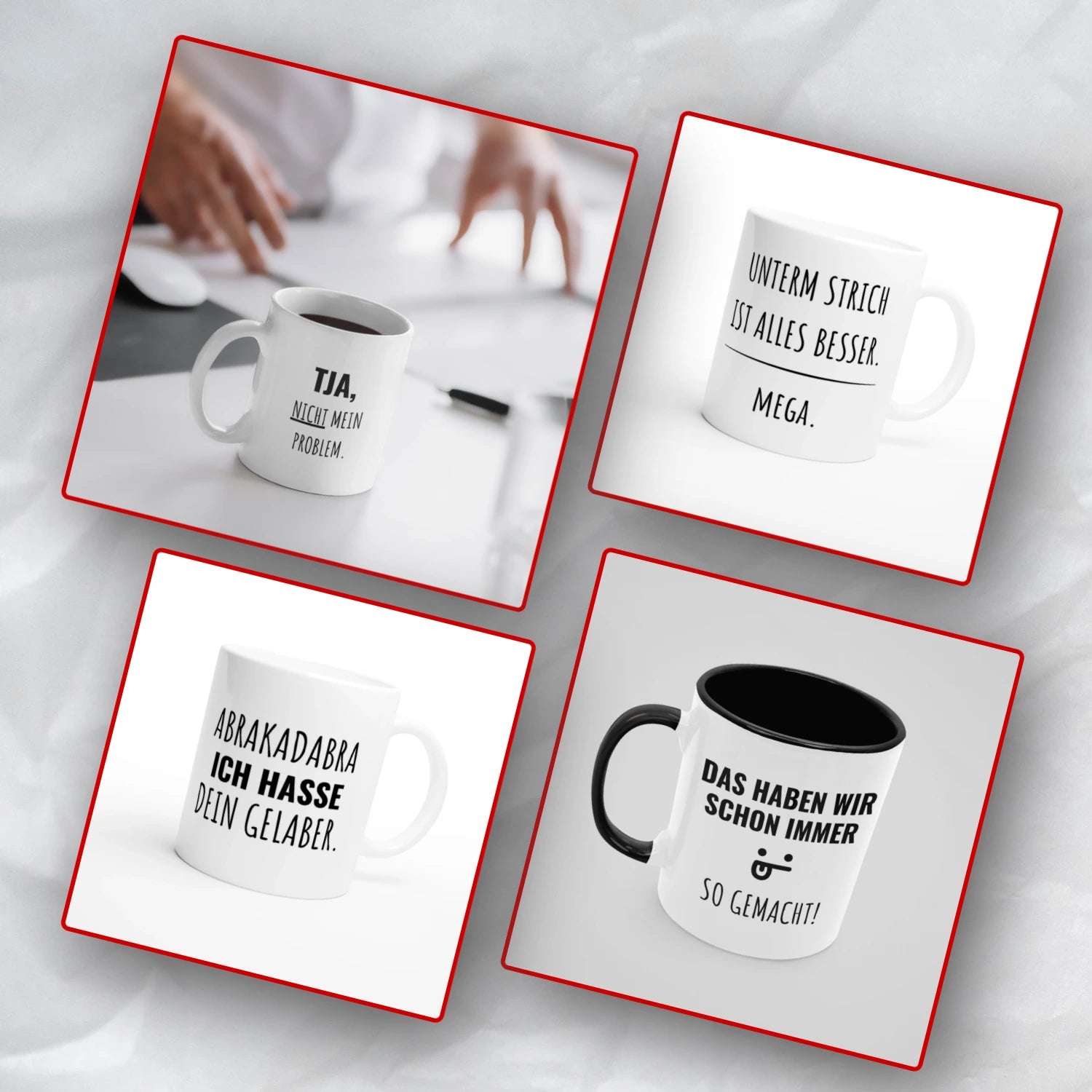 Vollzeitfrust Tassen-Kollektion für den Büroalltag – vier weiße Kaffeebecher mit Sprüchen: „Tja, nicht mein Problem.", „Unterm Strich ist alles besser. Mega.", „Abrakadabra ich hasse dein Gelaber." und „Das haben wir schon immer so gemacht!" – lustige Büro-Tassen als Geschenk für Kollegen.