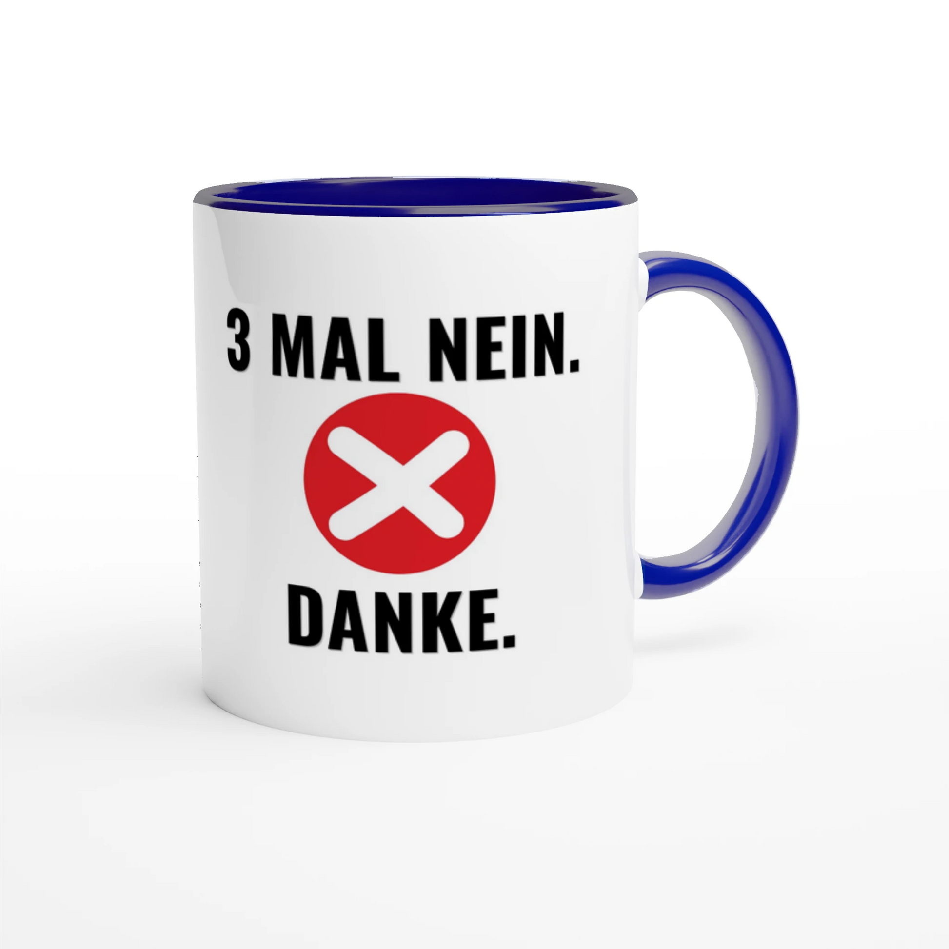 Zweifarbige Keramiktasse 325 ml mit Aufdruck "3 Mal Nein. Danke" in Blau – Schreibtischtasse von Vollzeitfrust
