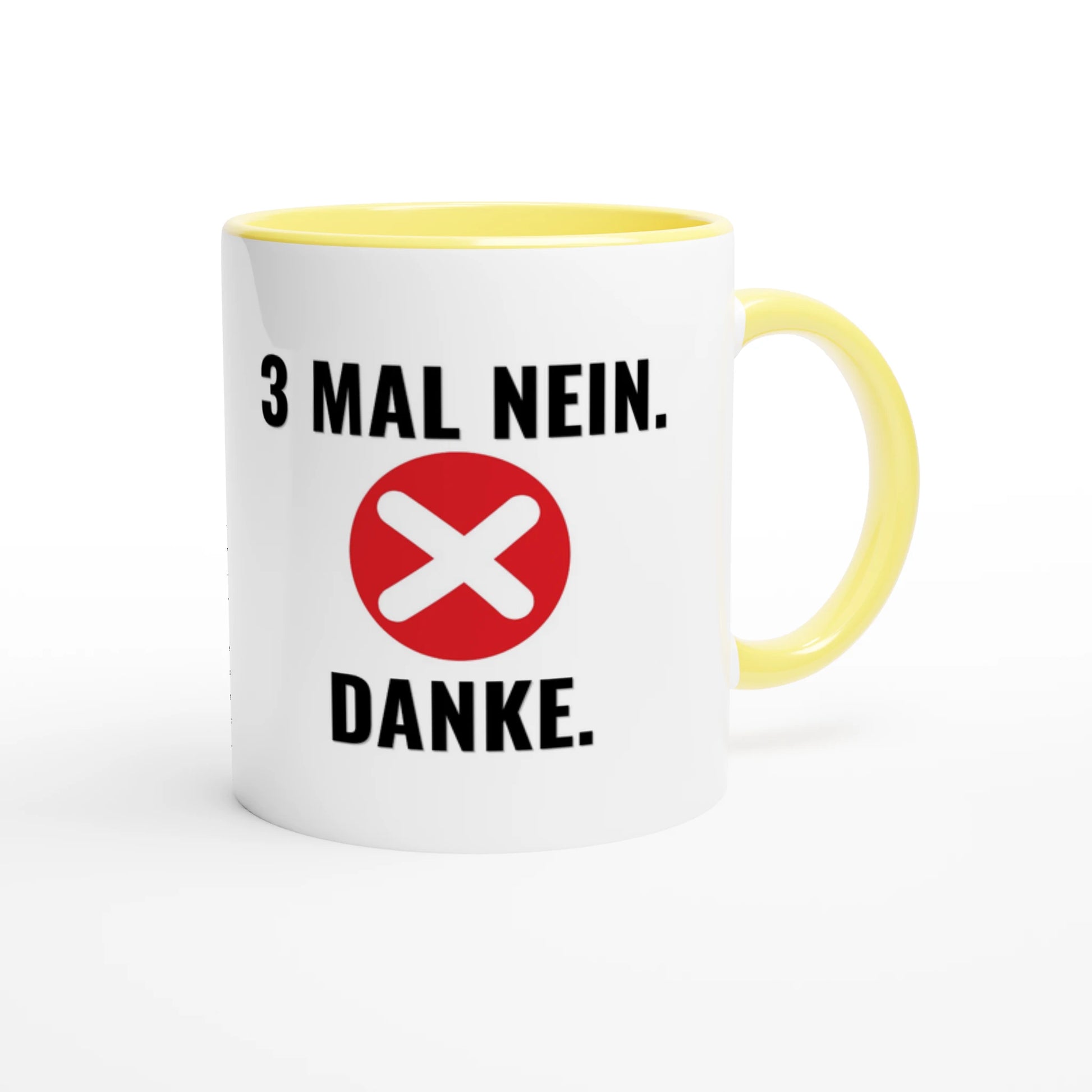 Zweifarbige Keramiktasse 325 ml mit Aufdruck "3 Mal Nein. Danke" in Gelb – Schreibtischtasse von Vollzeitfrust
