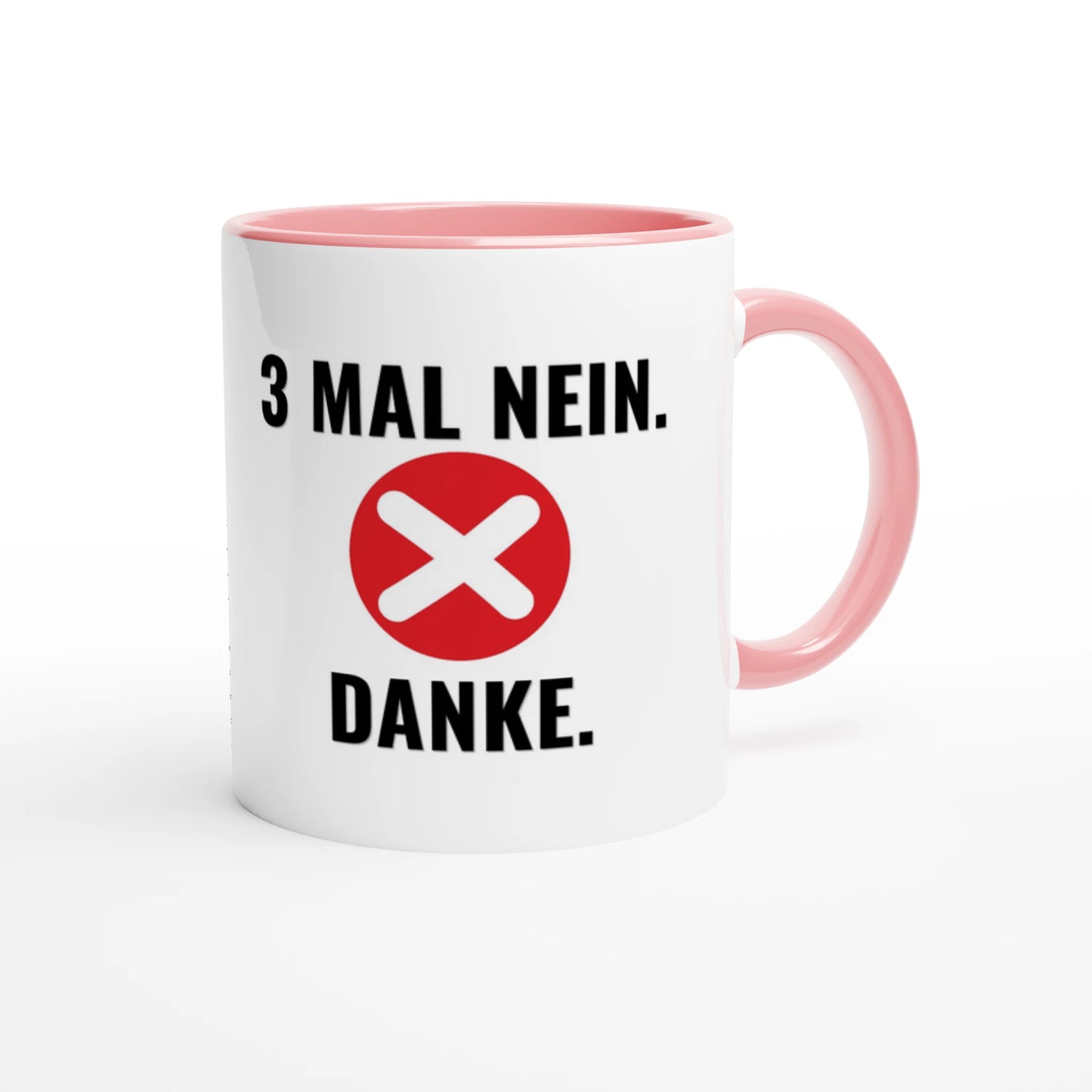 Zweifarbige Keramiktasse 325 ml mit Aufdruck "3 Mal Nein. Danke" in Rosa – Schreibtischtasse von Vollzeitfrust
