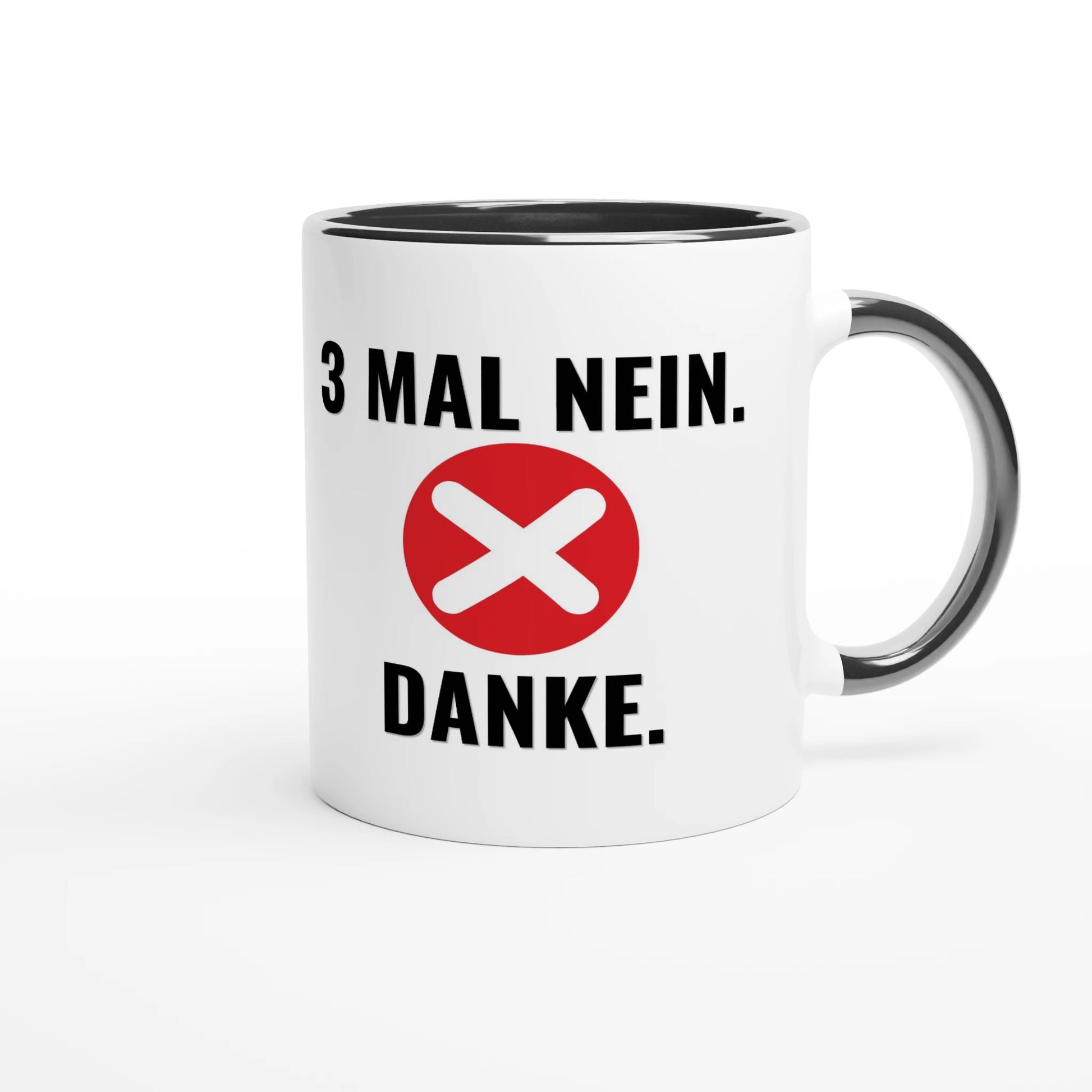 Zweifarbige Keramiktasse 325 ml mit Aufdruck "3 Mal Nein. Danke" in Schwarz – Schreibtischtasse von Vollzeitfrust
