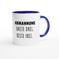 Zweifarbige Keramiktasse 325 ml mit Aufdruck "Abmahnung haste drei, biste frei" in Blau – Schreibtischtasse von Vollzeitfrust
